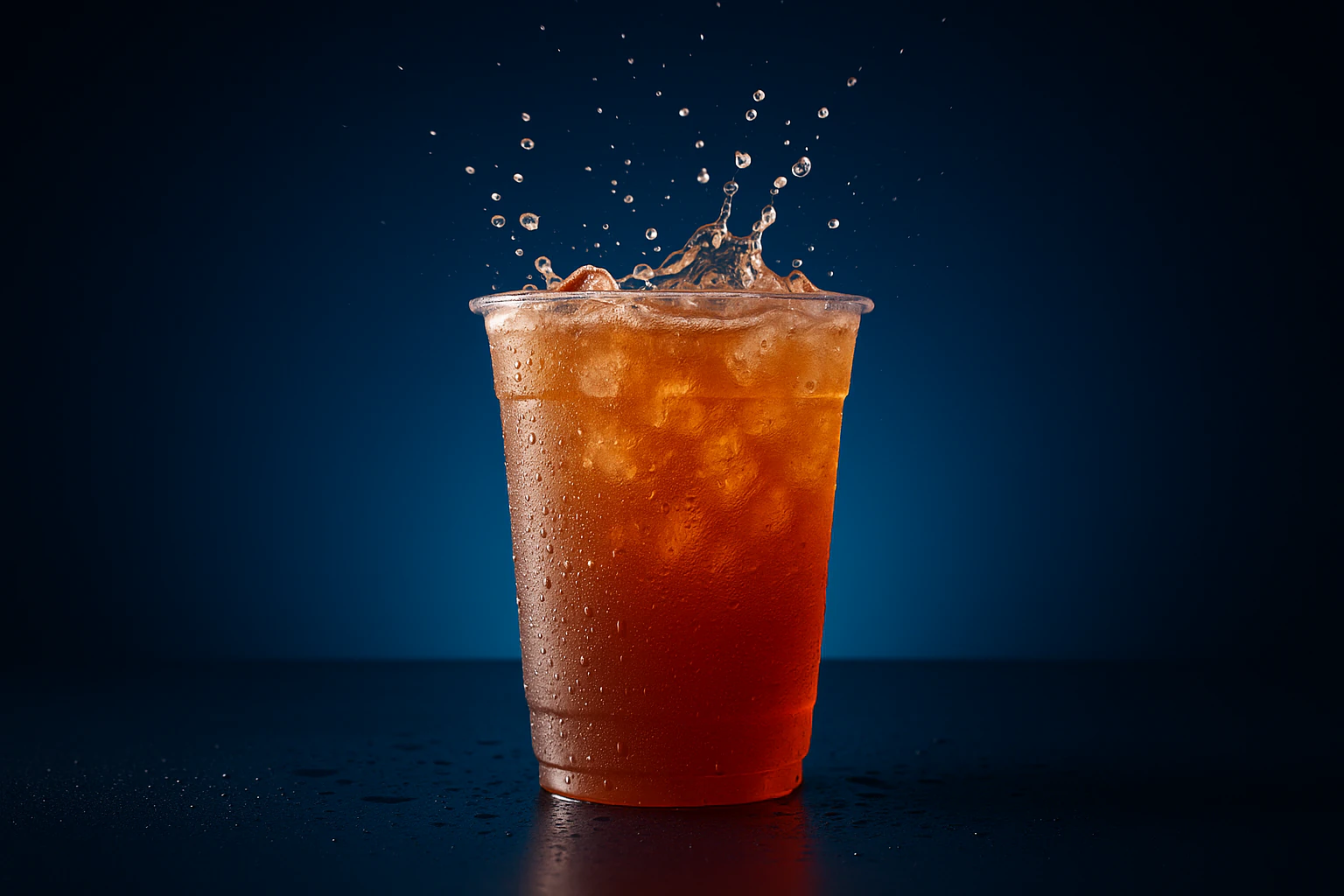 An AI-generated drinks promotion: an iced drink splashing against a deep blue backdrop